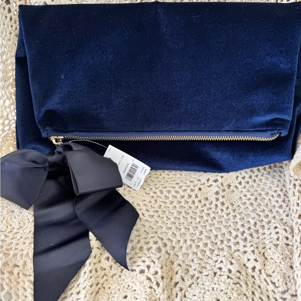 Ann Taylor Navy Velvet Foldover Clutch with Black Ribbon Accent -